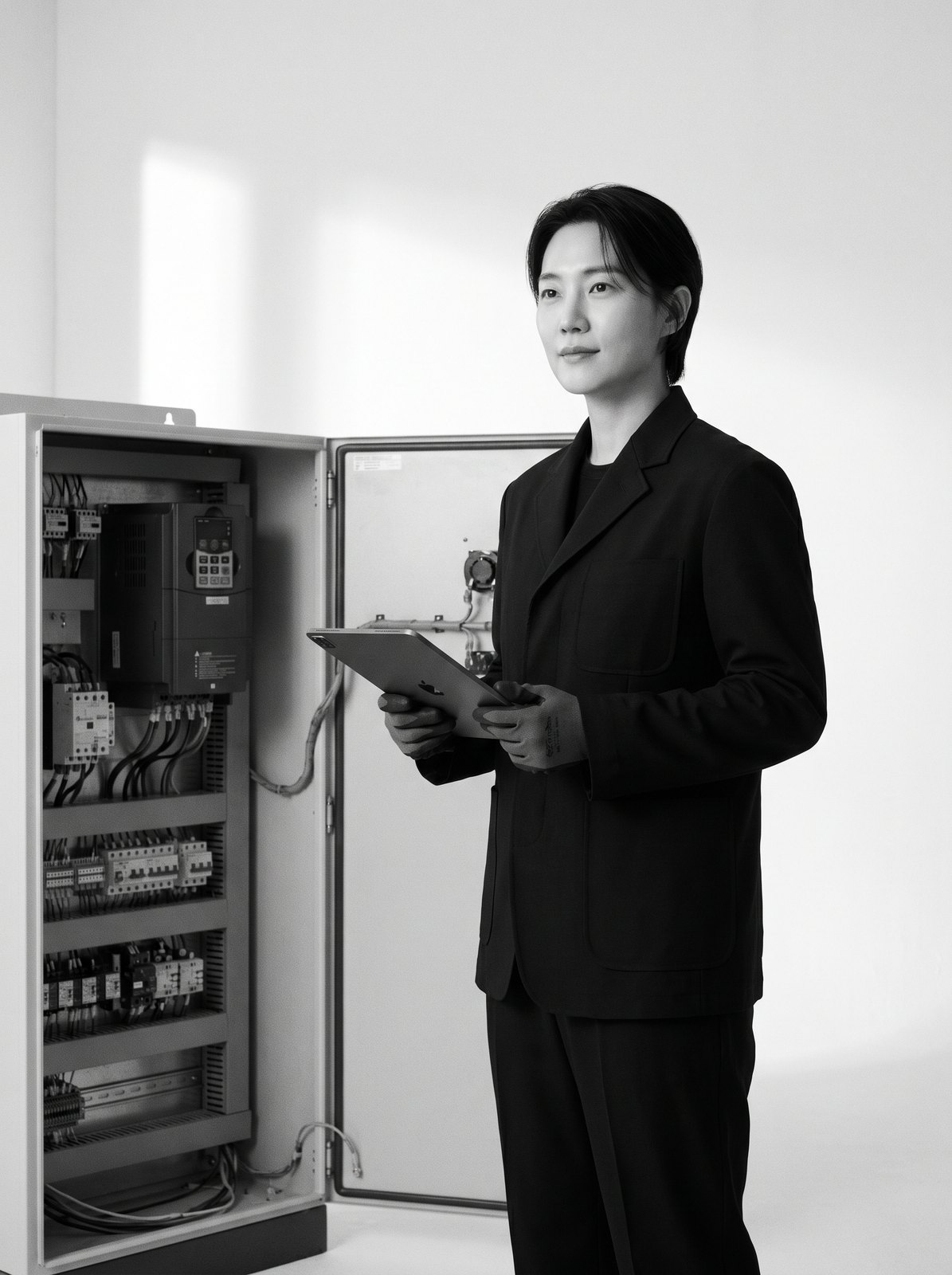 검은 작업복의 오닉스 엔지니어가 열린 인버터 제어반 옆에서 태블릿을 들고 서 있다