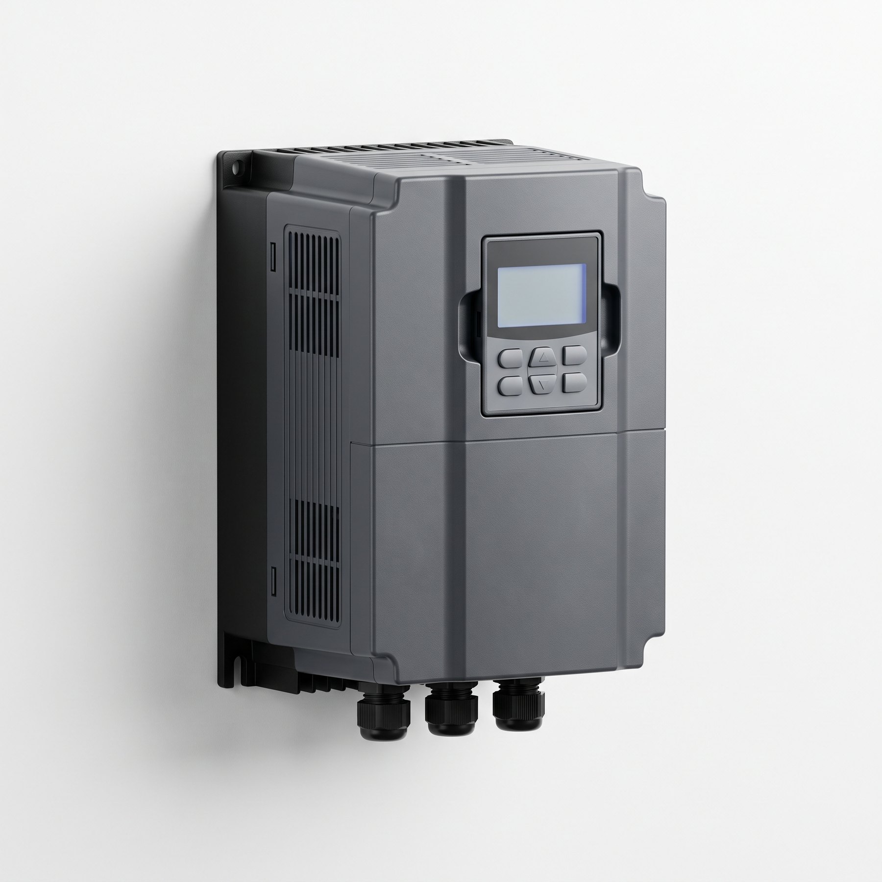 HVAC용 인버터(가변 주파수 드라이브) 단품, 키패드와 방열핀이 보이는 제품 사진