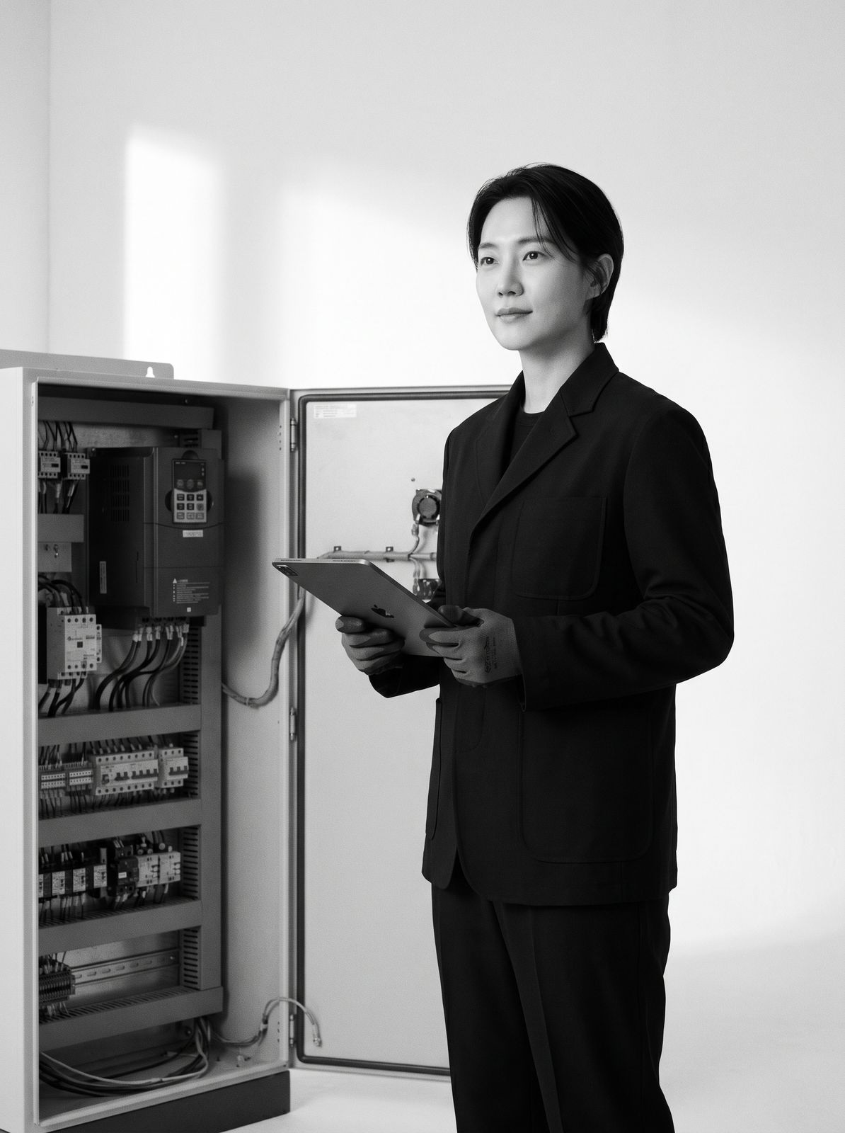 검은 작업복의 엔지니어가 열린 제어반 옆에서 태블릿을 들고 서 있다